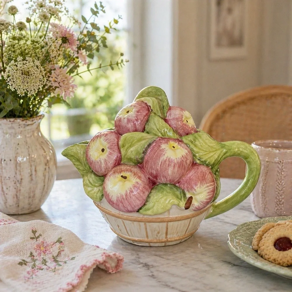 Italian Ceramic Apple Basket Teapot 6